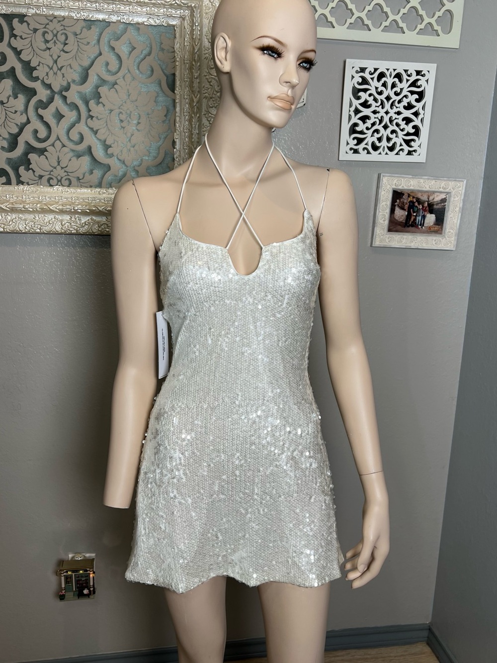 NWT Princess Polly Sequin Spaghetti Strap Mini Dress - white Silver - Picture 2 of 16